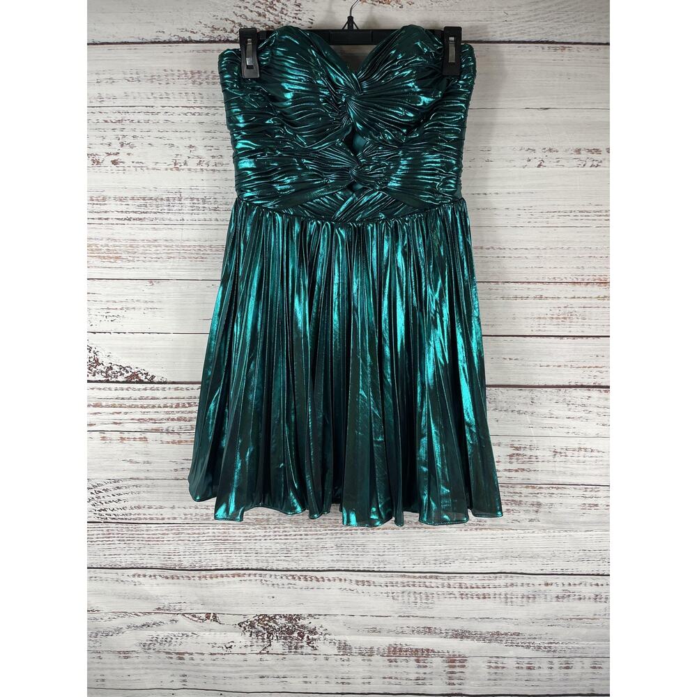 Stacees Strapless Metallic Green Mini Dress HOCO